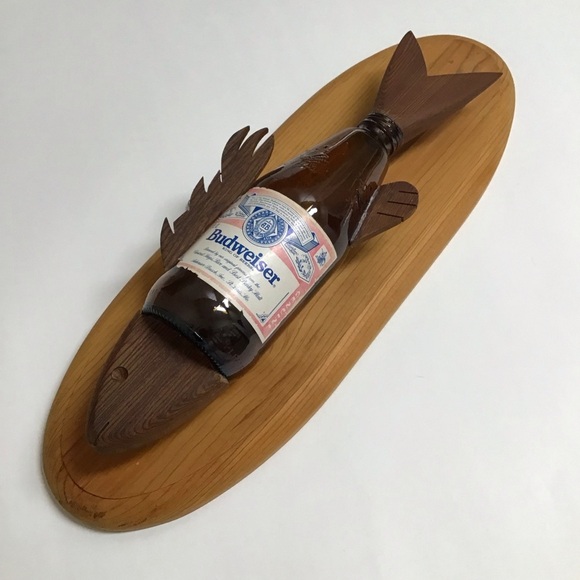 Budweiser Beer Bottle Fish Wall Plaque Wood Handmade Bud Folk Art Bar Decor 80’s - Picture 2 of 16